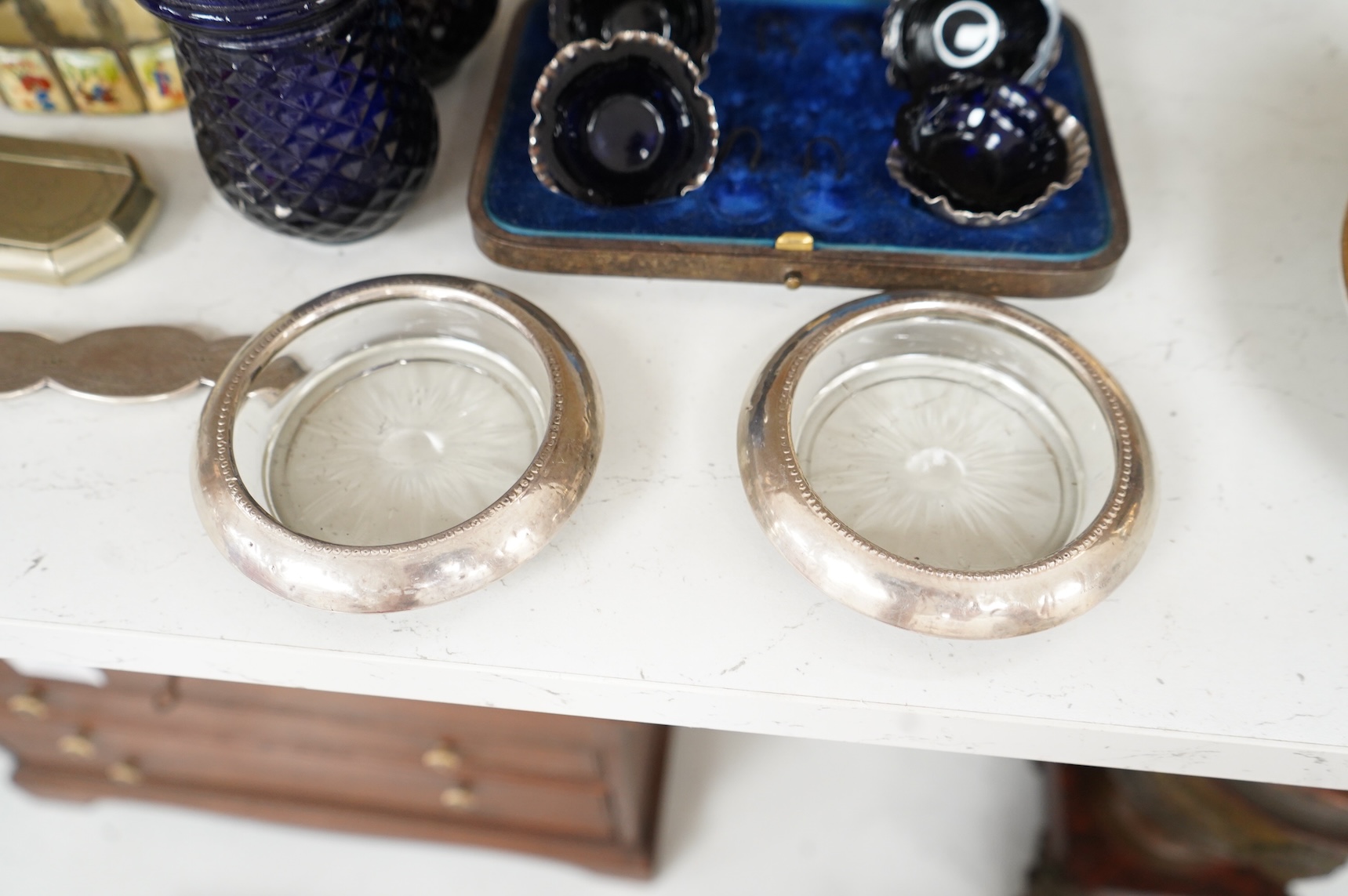 Sundry items to include a cased set of silver salts with glass liners, a Persian panelled bracelet and a glass decanter, largest 23cm high